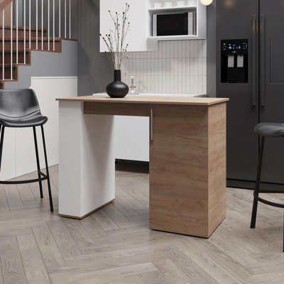 Îlot de cuisine blanc et chêne naturel avec 1 porte et rangement ouvert