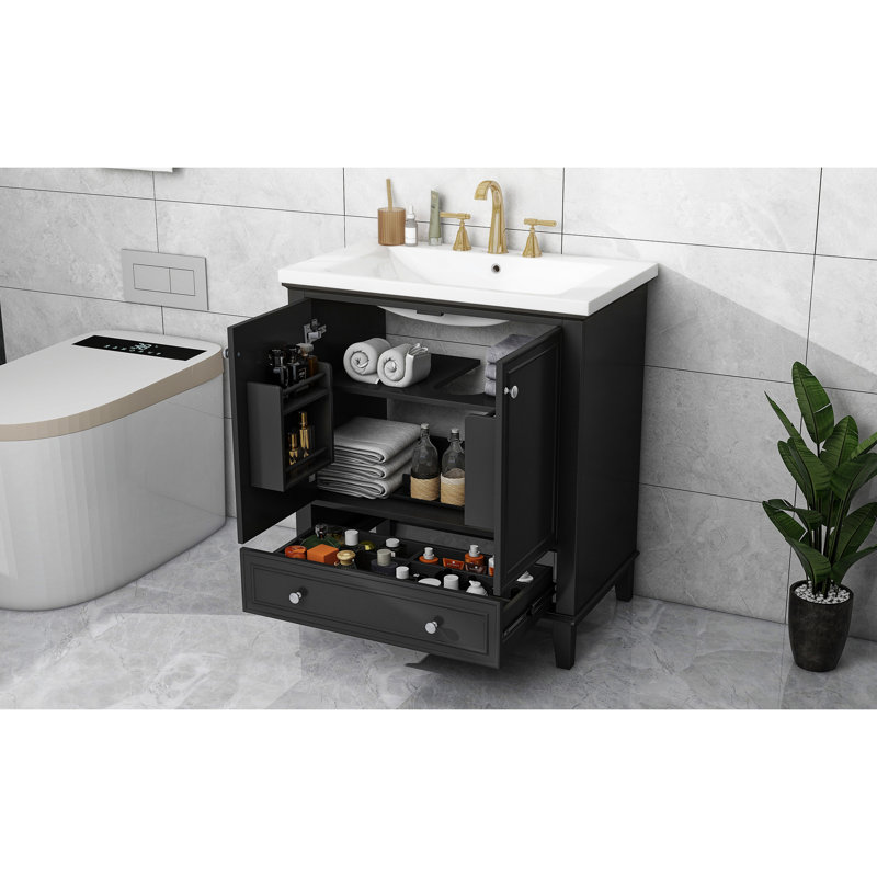 Meuble-lavabo noir de 30 po en bois massif avec tiroir et porte de style moderne noir, Noir