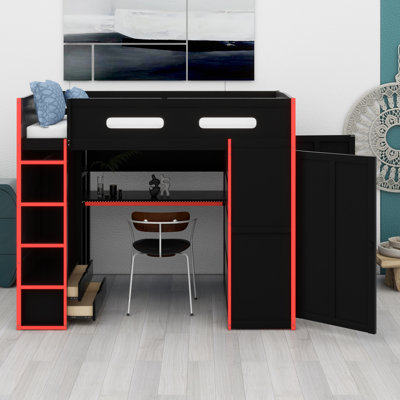 Wood Loft Bed With Desk,Wardrobe,Ample Storage Space,And RGB LED Light