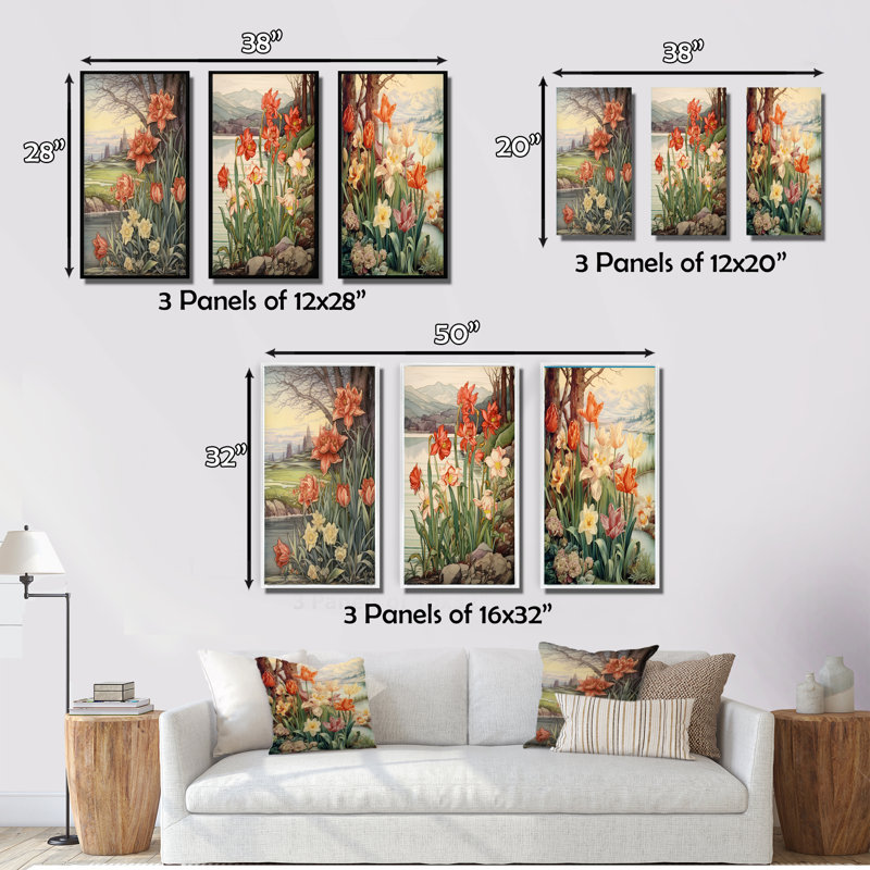 «Red Tulips Blooming Retro Illustration II», 3 pièces, Toile tendue, H 32 po x l 48 po