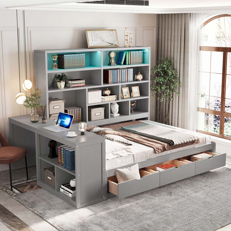 Lit de jour en bois avec 3 tiroirs, bureau, tablettes et lumières, gris