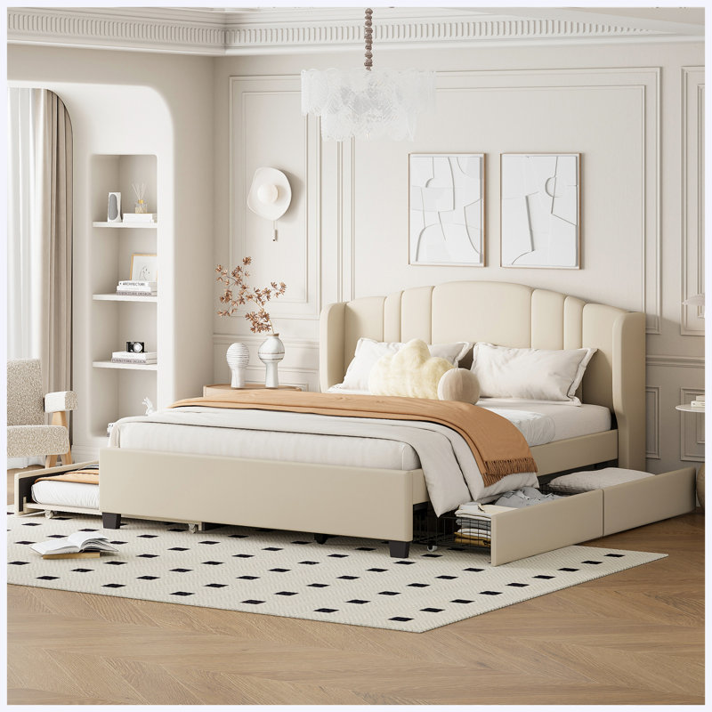 Lit plateforme Queen capitonné avec tête de lit à oreilles, lit gigogne simple et 2 tiroirs, lin, beige
