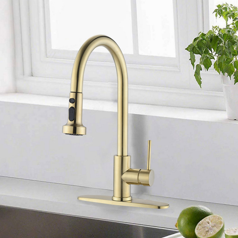 Robinet de cuisine rétractable en acier inoxydable avec distributeur de savon, Or brossé