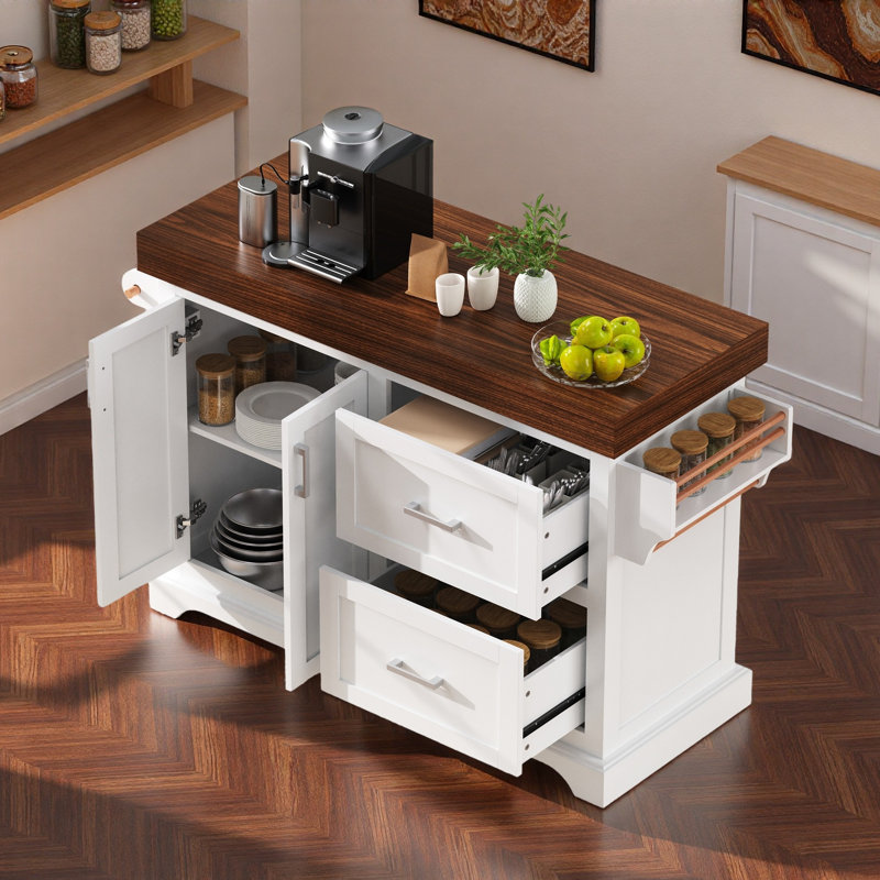 Grand îlot de cuisine avec bureau épais, porte-épices, porte-serviettes, 2 tiroirs et 5 roulettes, Blanc