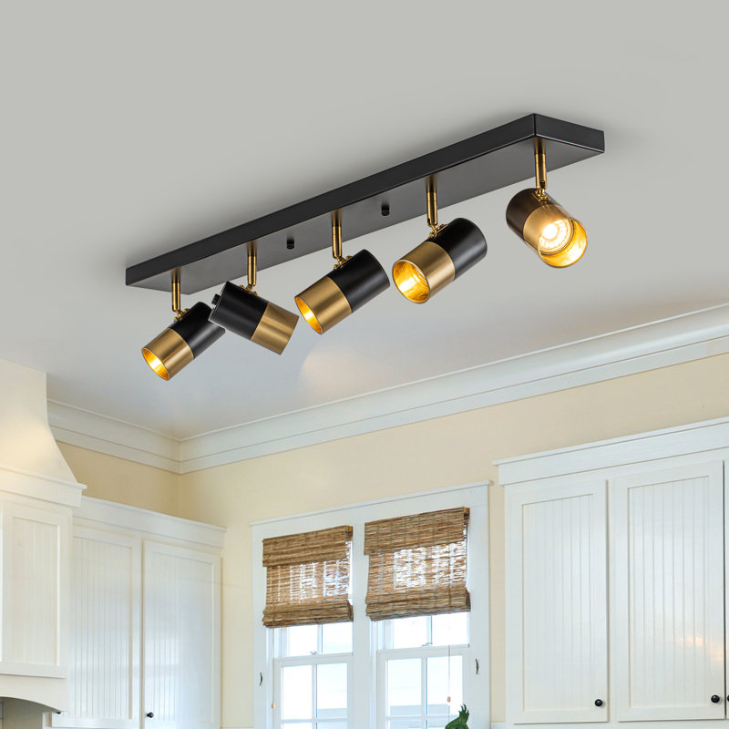 Projecteur sur rail noir et or à 5 lampes avec têtes rotatives