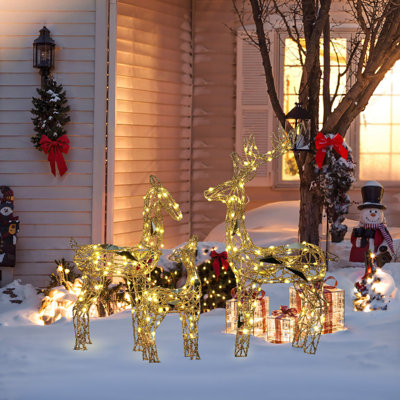 Ensemble de 3 décorations de Noël en forme de famille de cerfs illuminés dorés