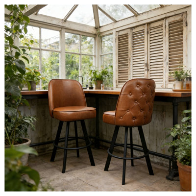 Set of 2 Industrial Swivel Bar Stools with Tufted Bucket Seat and Memory Foam Cushion - Modern Counter Height Chairs for Kitchen Island