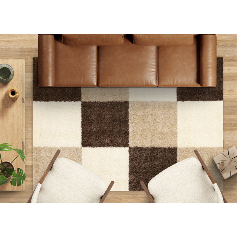 Neutral Brown Checkered Soft Shag Area Rug, Rectangle 7'10" x 10'6"