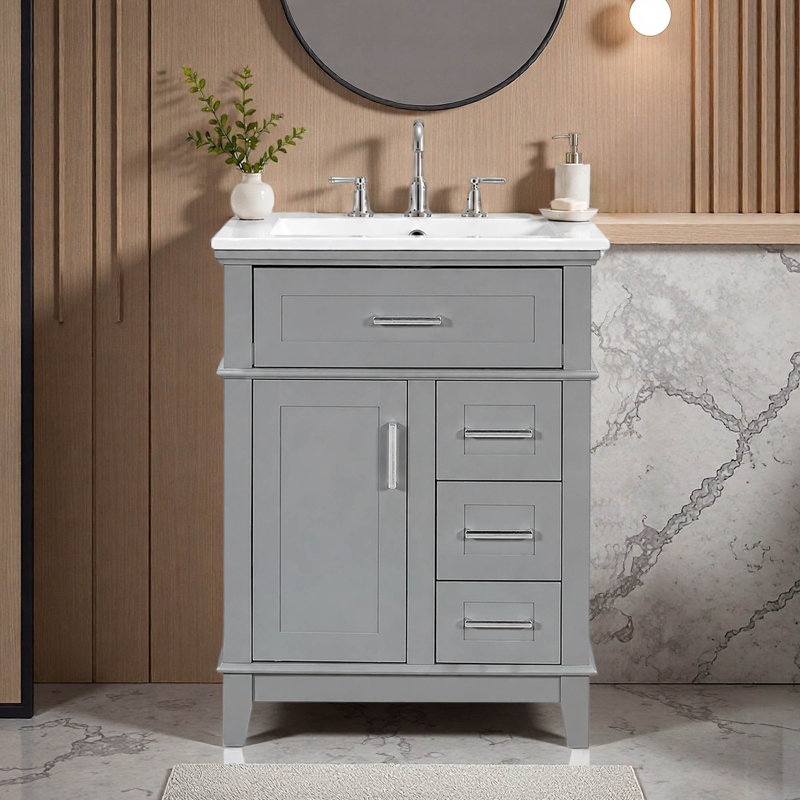 Ensemble de meuble-lavabo simple autoportant 24 po avec lavabo en céramique, 1 porte, 3 tiroirs rabattables et 3 tiroirs