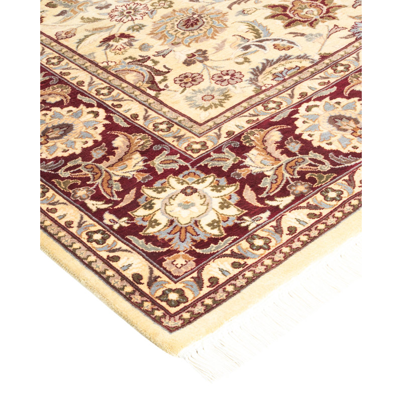 Ivory and Red Hand-Knotted Square Wool Area Rug