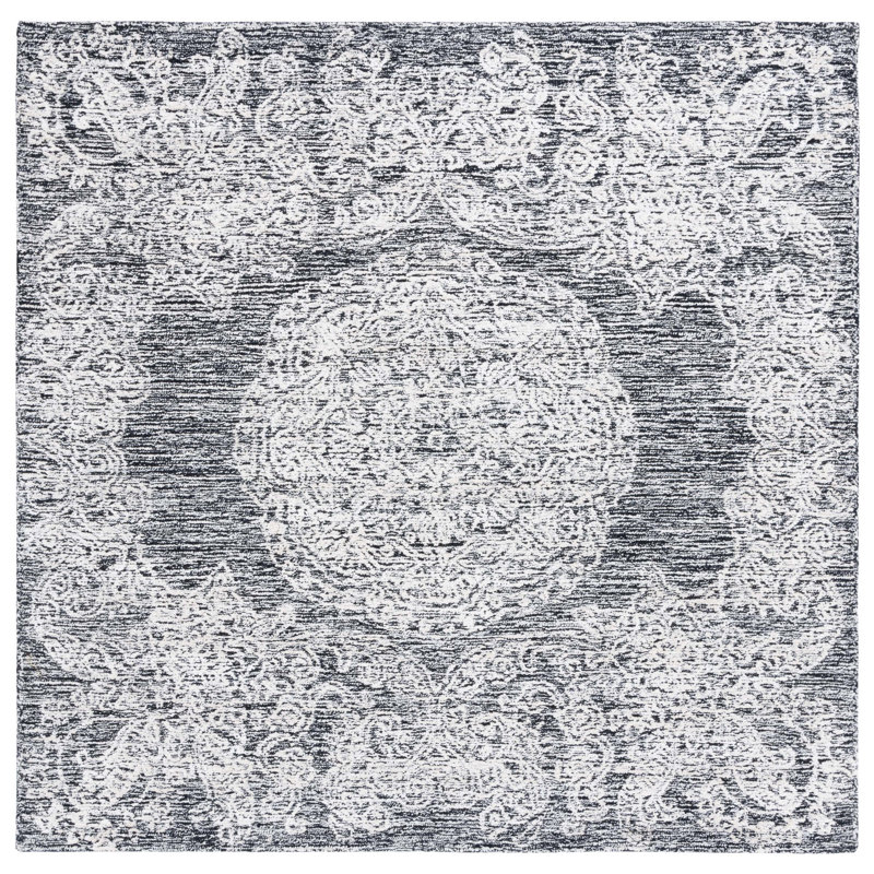Tapis oriental gris / ivoire en soie / coton touffeté à la main Batichon, Carré 6 pi