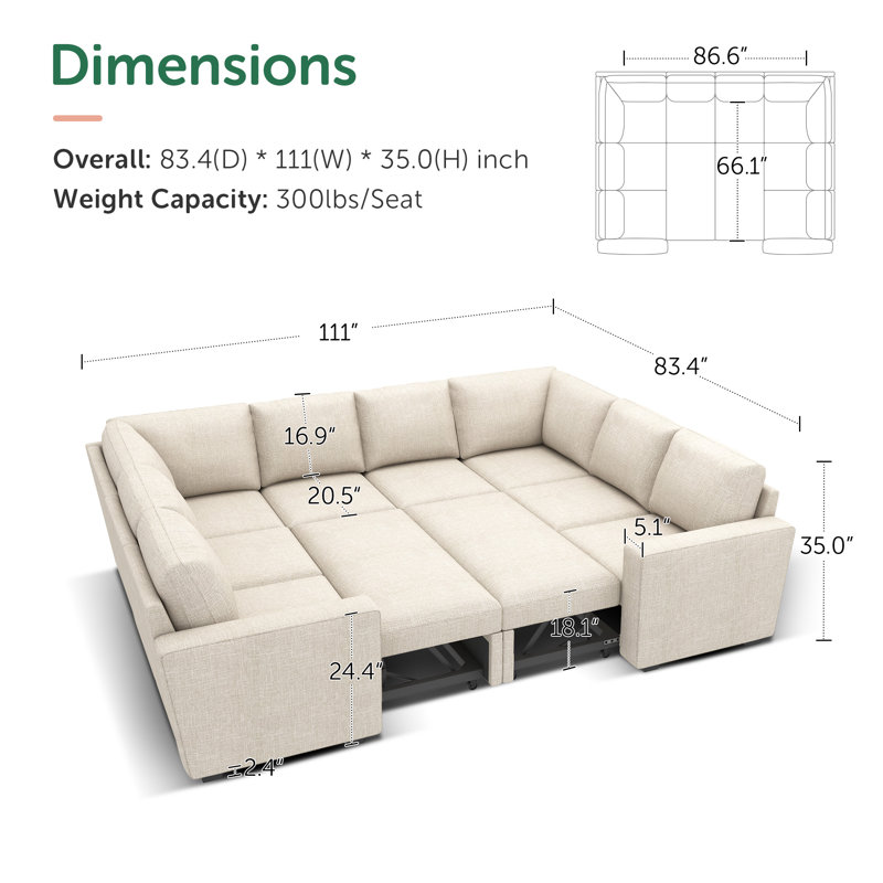 Niyona Modular Sleeper Sectional Sofa Convertible U-Shaped Sofa Bed, Beige Polyester