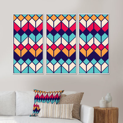 «Rhombus Geometrics In Retro Colors II», ensemble de 3 reproductions d'art encadrées sur toile