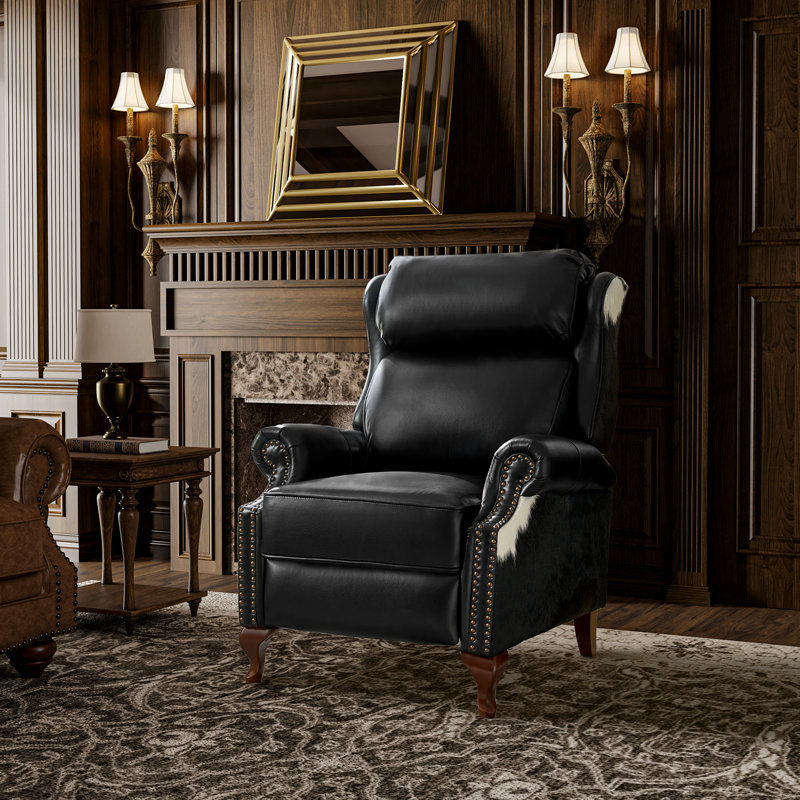 Terecita Traditional Richard Cowhide Genuine Leather Manual Recliner, Black