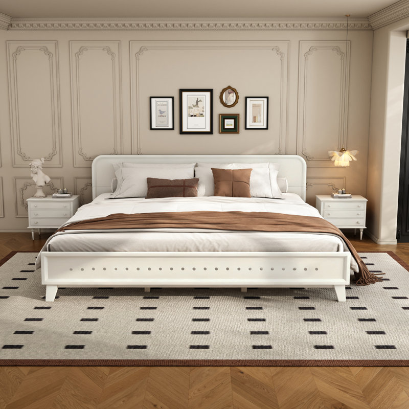 PINE SOLID WOOD KING SIZE BED, SOLID AND STABLE, NO BOX SPRING NEEDED, WHITE COLOR, White