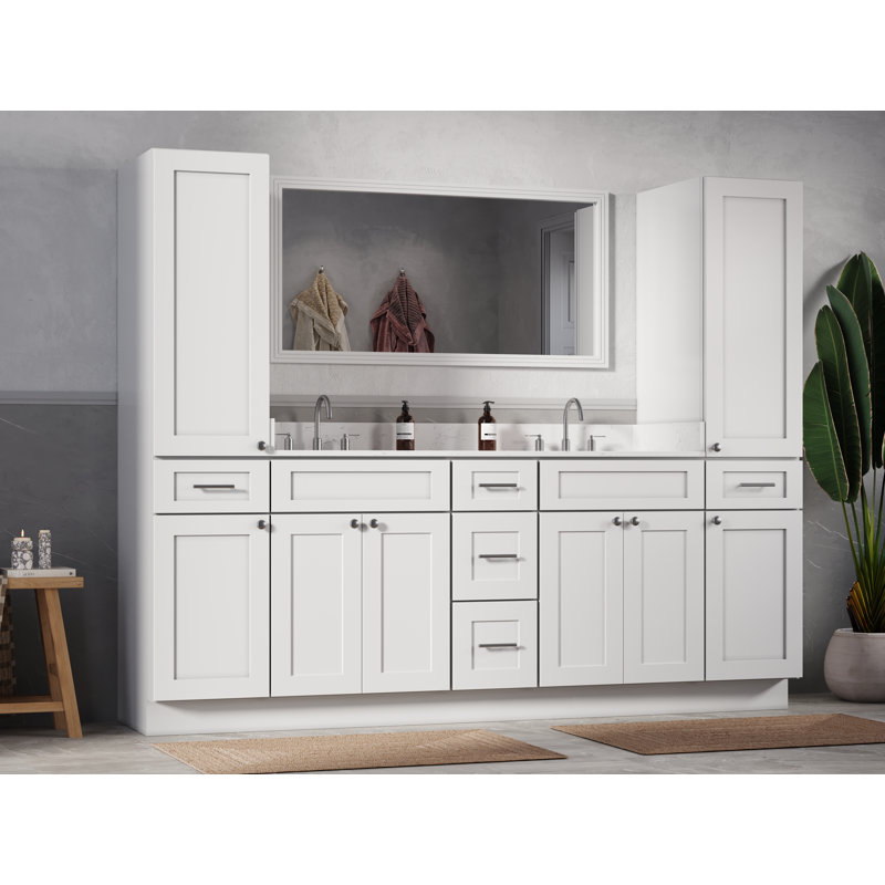 Disar 90'' Double Bathroom Vanity With Linen Tall Cabinet Shaker Dovetail Solid Wood Drawer Carrara Quartz Top, White
