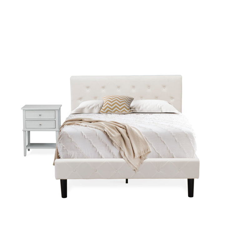 Ensemble de lit 2 pièces - Lit double capitonné à boutons - Tête de lit tapissier en tissu de velours blanc lin et table de chevet au fini gris urbain