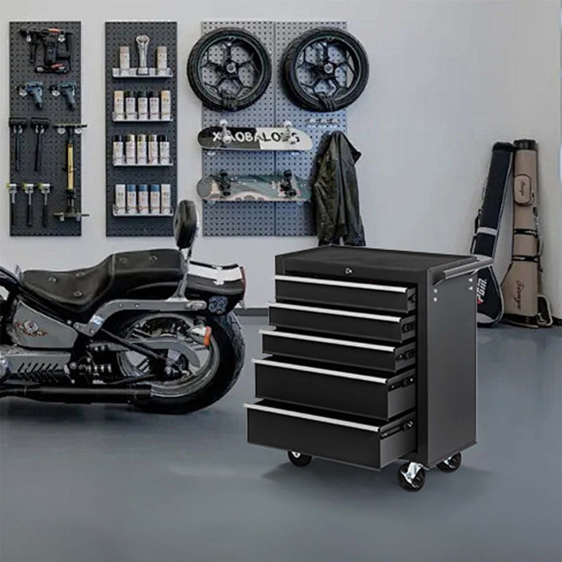 Coffre à outils roulant à 5 tiroirs avec serrure, clé et roues, armoire de rangement pour outils avec coussin supérieur et doublures de tiroir pour le garage et le magasin