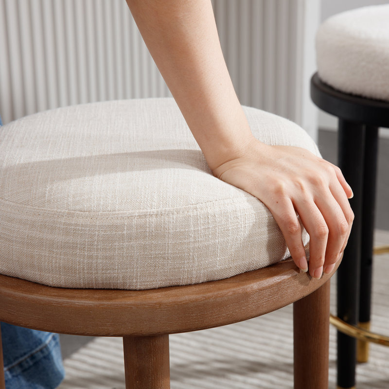 Modern Upholstered Bar Stool Without Backrest With Gold Ring Stirrups, Linen - Beige Seat/ Brown Frame