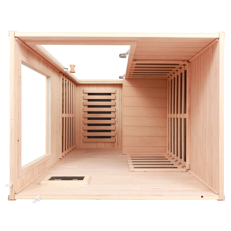 Petite pruche à une personne, porte infrarouge lointaine à droite du sauna intérieur