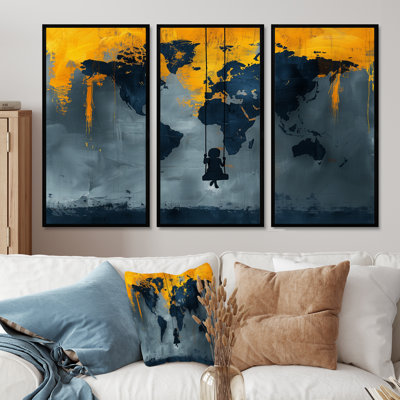 Jaune, jaune, carte du monde, aire de jeux Silhouette III - carte du monde, ensemble de salon d'art mural