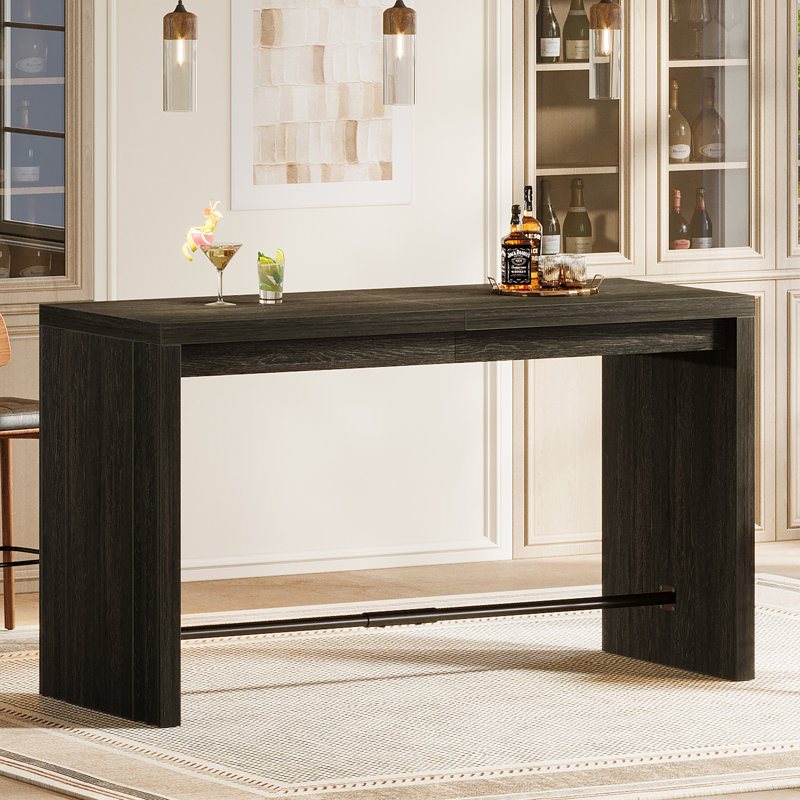 63-Inch Bar Table, Modern Counter Height Pub Dining Table with Metal Footrest, Narrow Rectangular Home Bar Unit for Kitchen, Dining Room, Living Room, Bistro, Black (Set of 2)