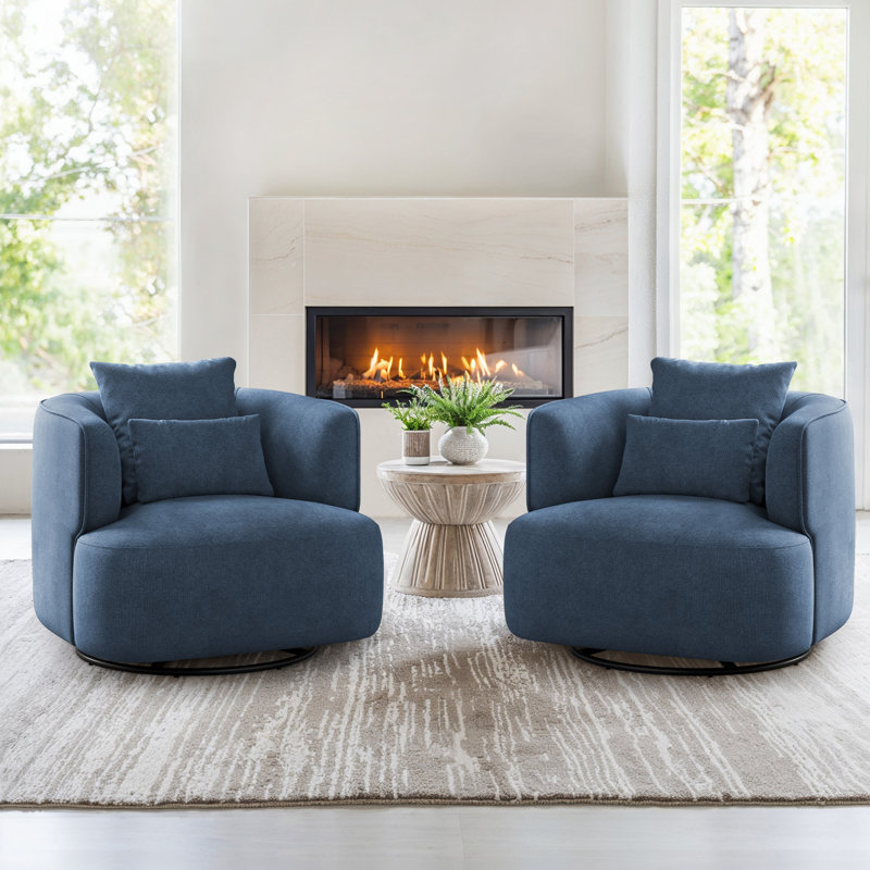 32.3" W Upholstered Swivel Barrel Chair, Steel Blue Chenille