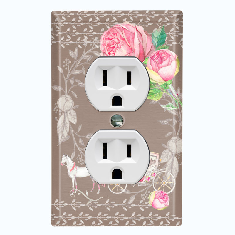 Metal Light Switch Plate Outlet Cover (Vintage Pink Roses Flower Horse White Carraige Princess - Single Toggle)