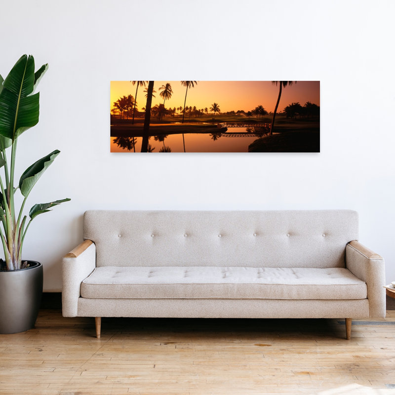 Parcours de golf au coucher du soleil, Isla Navidad, Mexique, palmier abstrait, art mural tropical, H 16 po x l 48 po