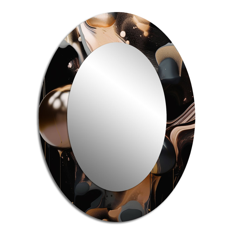 Gold Black Journey Through Marble IV - Abstract Oval Decorative Mirror On Metal, 40" x 30"