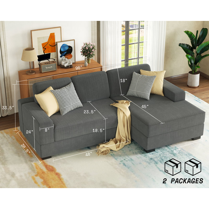 Birkley 96'' Corduroy Sofa, Right Hand Facing, Grey