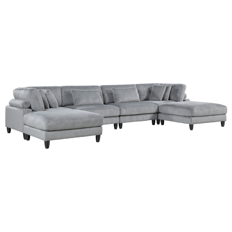 Loowit 120"W Modern 6-Piece Corduroy U-Shaped Modular Sectional with Dual Ottomans – Customizable Sofa with Reversible Cushions & Matching Pillows