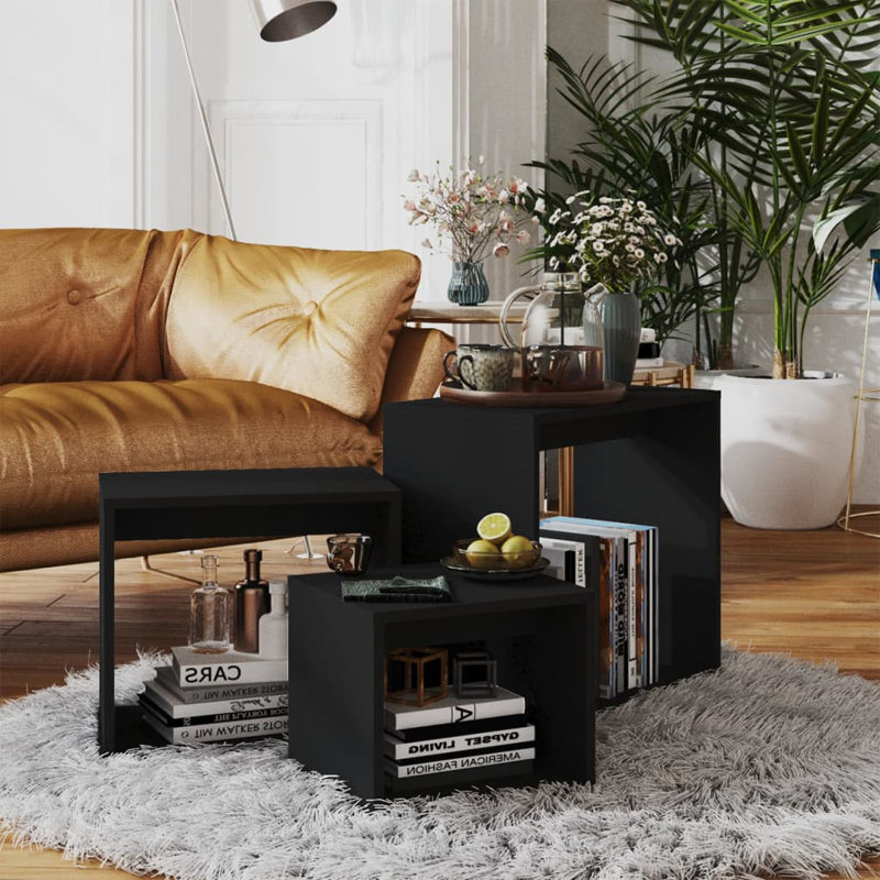 vidaXL Nesting Table Engineered wood Small Stackable, Black, Black