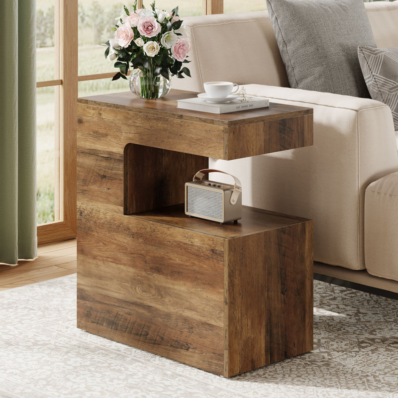 25.59" C-Shaped End Table with 2-Tier Storage, Rustic Brown Sofa Side Table