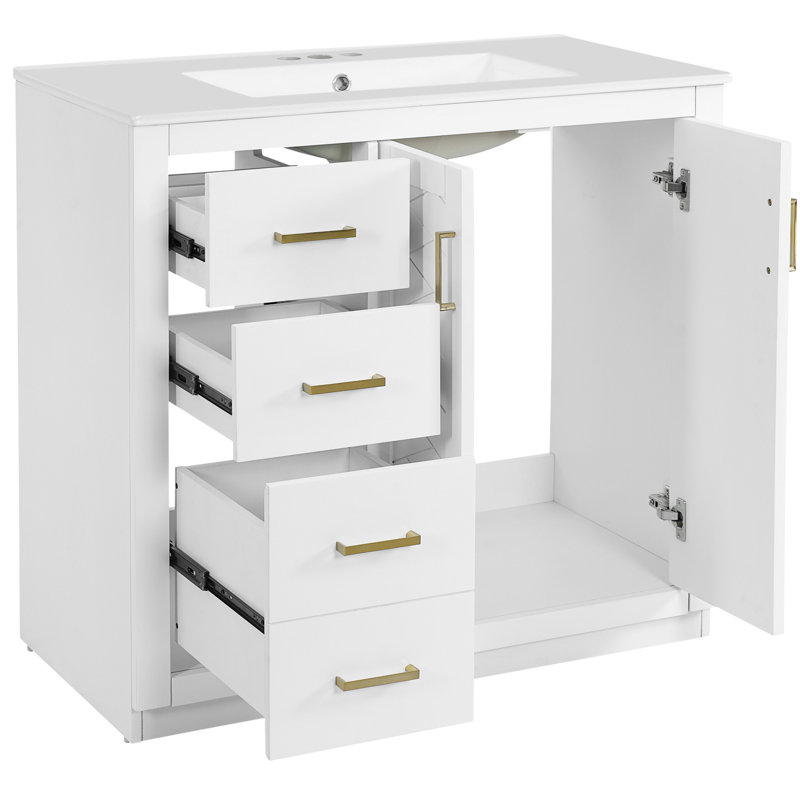 Meuble-lavabo 36 po, structure en bois massif, lavabo en céramique, 3 tiroirs, charnières, rangement spacieux, motif rainuré unique, poignée en métal exquis, style rétro, design moderne, facile à assembler, tiroir lisse