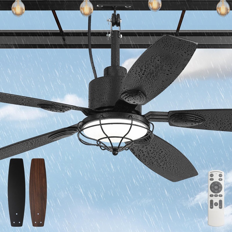Ventilateur de plafond étanche de 52 pouces pour gazebo d'extérieur avec lumière DEL et télécommande, Noyer brun