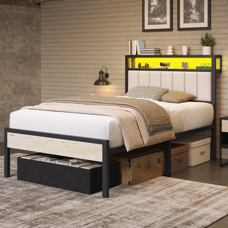 Tryston Twin Bed Frame With Led Lights & Storage Drawer, White, Twin, White