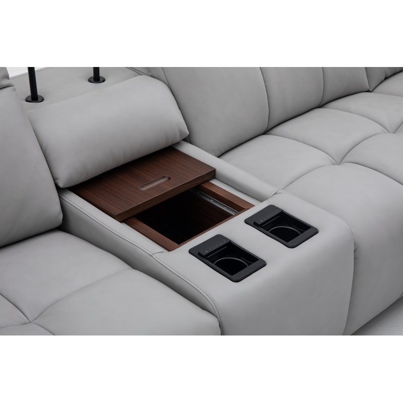 Canapé modulaire Beaumont, Cuir véritable gris clair