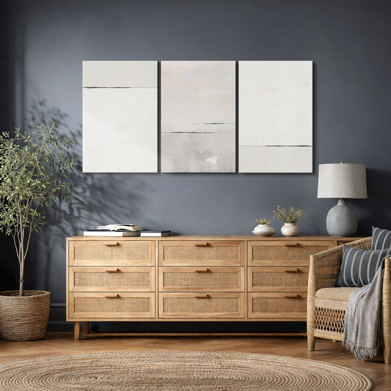 "Minimalist" Beige & Gray Tunes, dessin abstrait de lignes d'horizon abstraites, images murales modernes neutres simples, impression sur toile encadrée, 3 pièces x 3 pièces