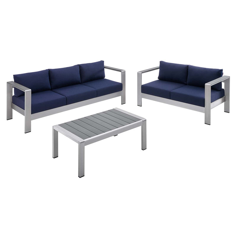 Shore Sunbrella Fabric Outdoor Patio Aluminum 3 Piece Set, Navy Sunbrella®