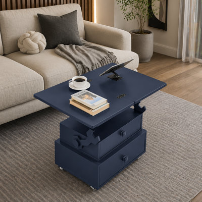 Table de bout roulante à hauteur ajustable laquée ultrabrillante avec station de charge et roues universelles avec freins, table à plateau relevable multifonctionnelle avec tiroirs de rangement pour la chambre à coucher du salon