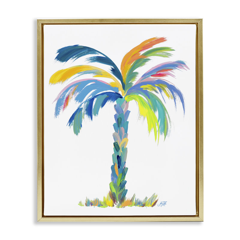 "Bold Brushed Palm", toile encadrée flottante noire par Julie DeRice, Cadre flottant métallique doré, H 21 po x l 17 po
