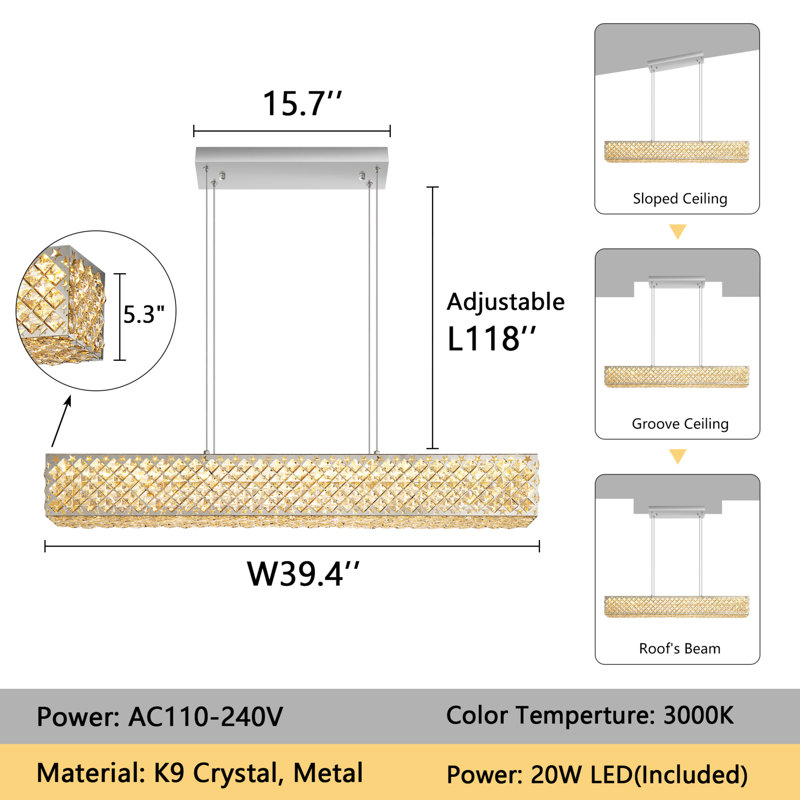 Glam Rectangular Dimmable Led Crystal Chandelier, Silver