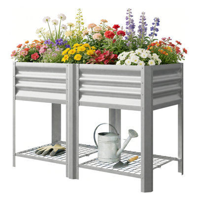 Raised Garden Bed Galvanized Steel, Elevated Planter Box With Storage Shelf, Bed Liner, 31.5" High, Silver