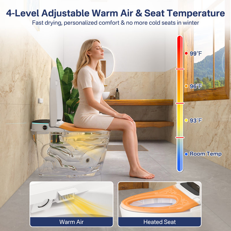 Smart Bidet Toilet with Auto Open/Close Lid, Siphon Jet Flush, 1.27 GPF Auto Dual Flush, Heated Seat, Warm Wash, Air Dryer, Soft Closing Seat, Wireless Remote Control