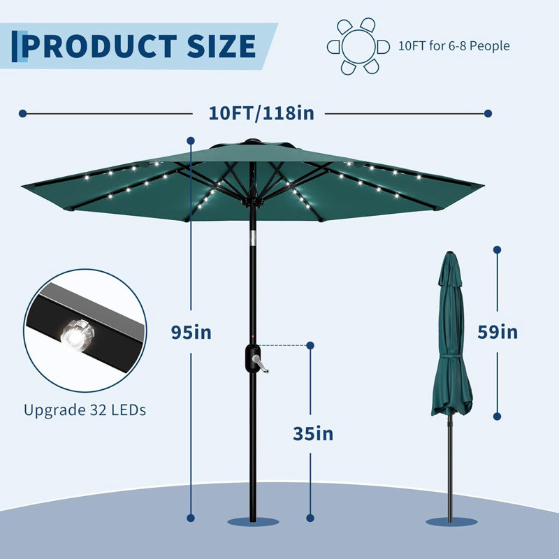 Parasol de marché 10 pi avec parasol rond de marché à 8 nervures avec manivelle et inclinaison, 10 pi, bleu, Bleu