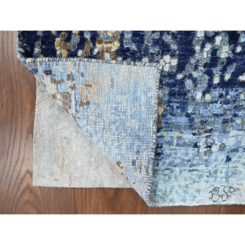 Tapis oriental rectangulaire en laine et soie bleu noué à la main 2 pi 0 po x 3 pi 0 po , Rectangulaire 2 pi x 3 pi
