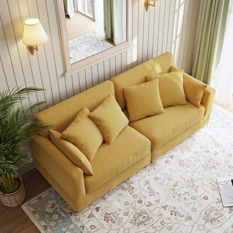 Maelina Upholstered Orange Corduroy Modular Sofa with Pillow Back and Solid Wood Legs, Orange
