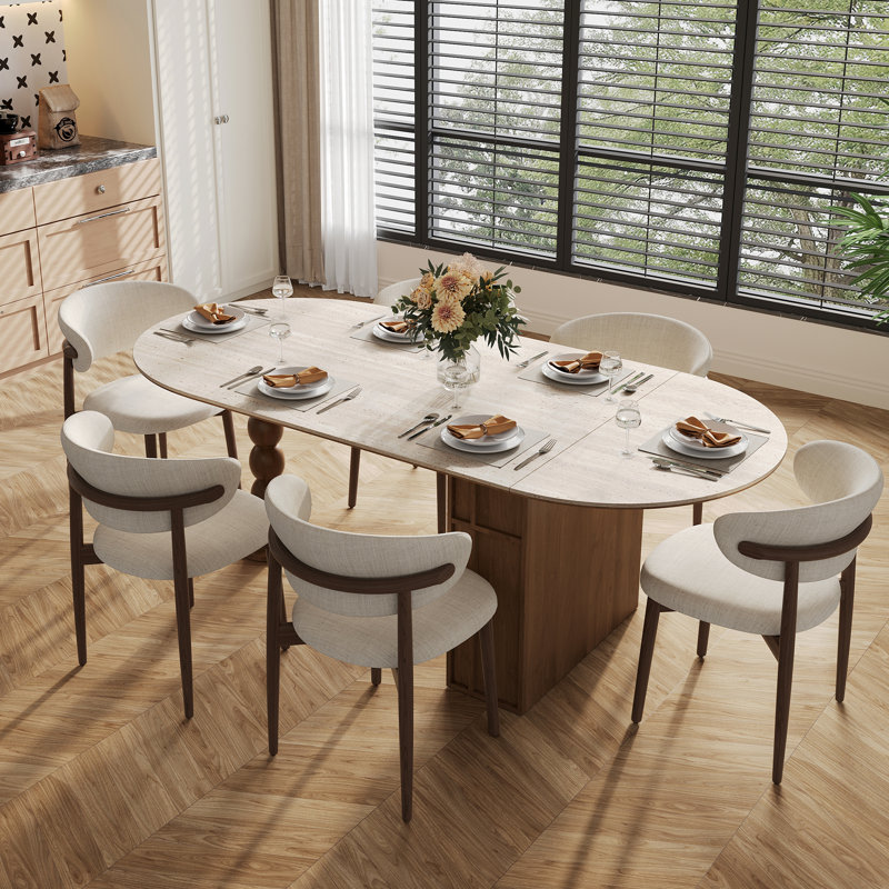 Ensemble de table de salle à manger ovale moderne de 71 po avec 6 chaises Drennen, pierre frittée beige avec rangement