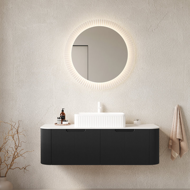Meuble-lavabo 48 po avec lavabo rectangulaire blanc, finition rayée 3D noire, 2 tiroirs, système de fermeture en douceur, lavabo en céramique à structure de tiroir stable, armoire, rayé mat, glissières porteuses,